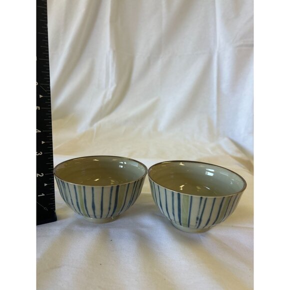 Handmade Ceramic Bowls With Blue Striped Design & Glossy Finish Set Of 2 2.5" Ta - Picture 2 of 2
